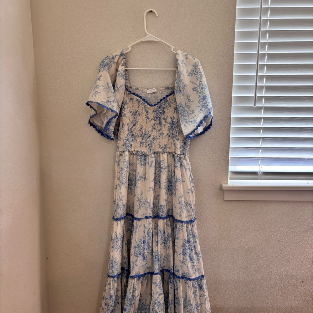 Shop Henly Blue and White Tiered Ruffled Midi Dress